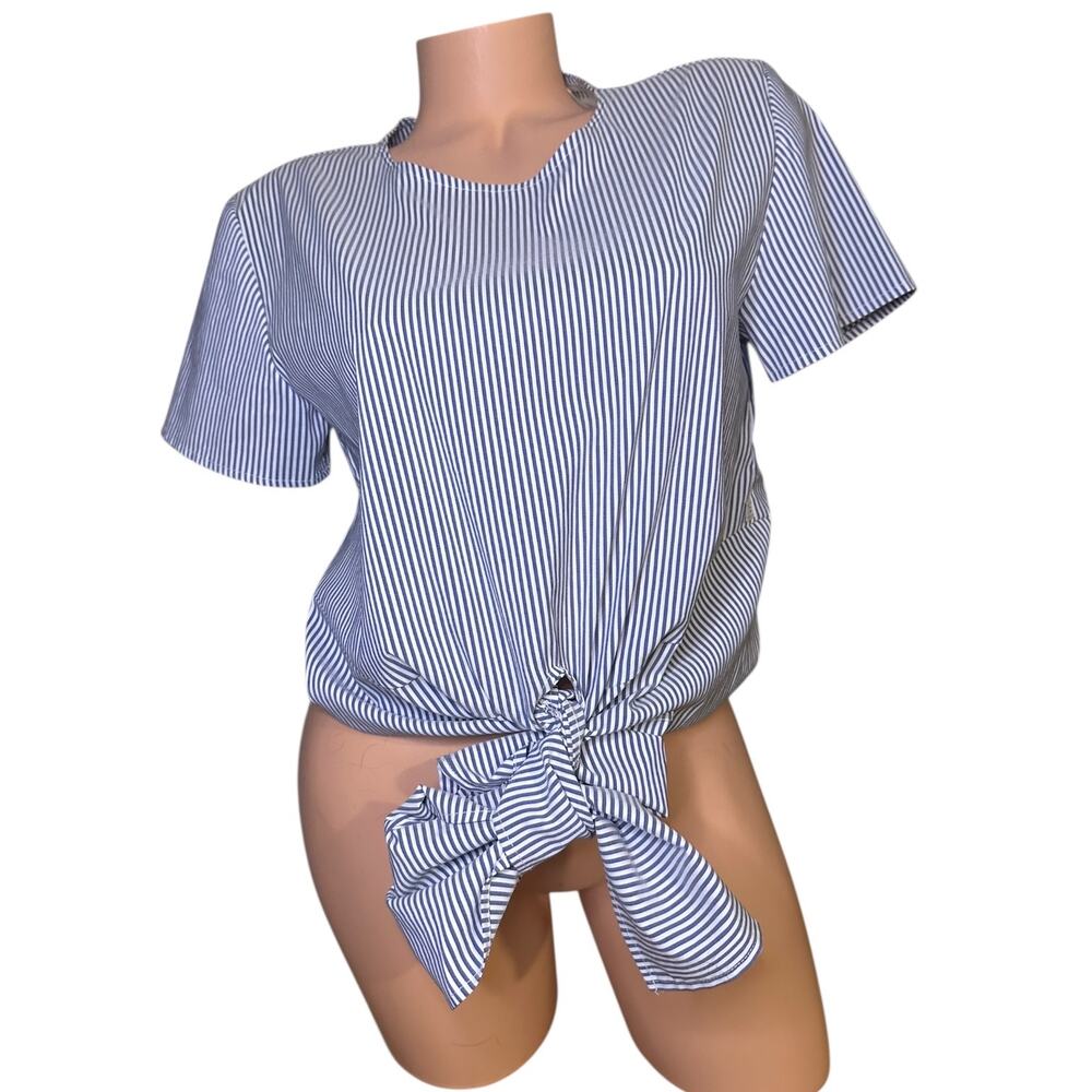 NYTT Womens small white & Steel blue/gray Striped Short sleeve top front tie
